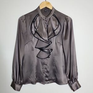 Saks Fifth dark Gray Ruffled 100% Silk Long Sleeve Blouse in Great condition